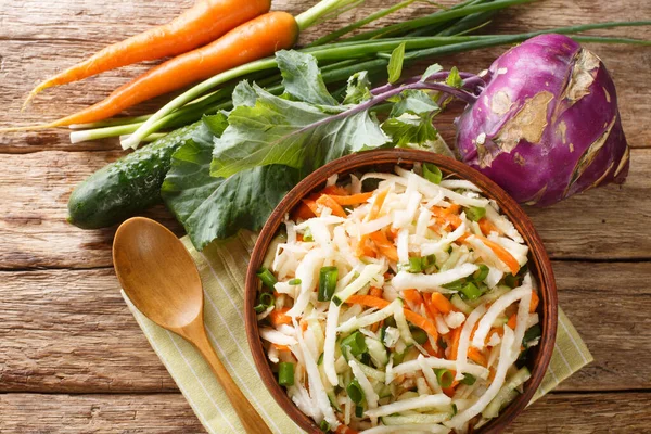 Raw Salad Kohlrabi Carrots Cucumbers Green Onions Seasoned Oil Close — Stock Photo, Image