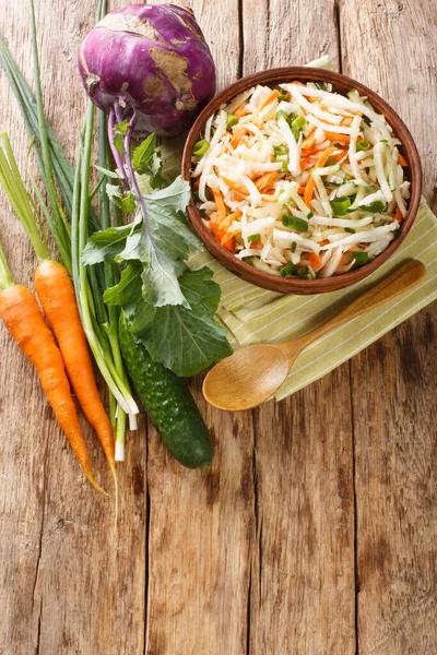 Vegetable Salad Prepared Kohlrabi Carrots Cucumbers Green Onions Close Plate — Stock Photo, Image