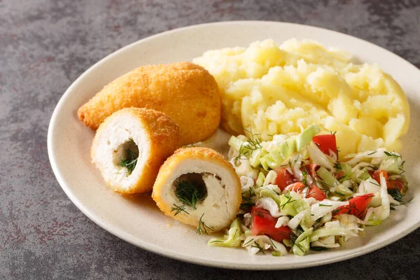 Chicken Kiev Cutlets Served Salad Mashed Potatoes Closeup Plate Table — Stock Photo, Image