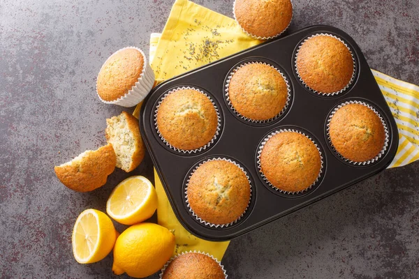 Muffin Dorati Con Semi Papavero Scorza Limone Primo Piano Una — Foto Stock