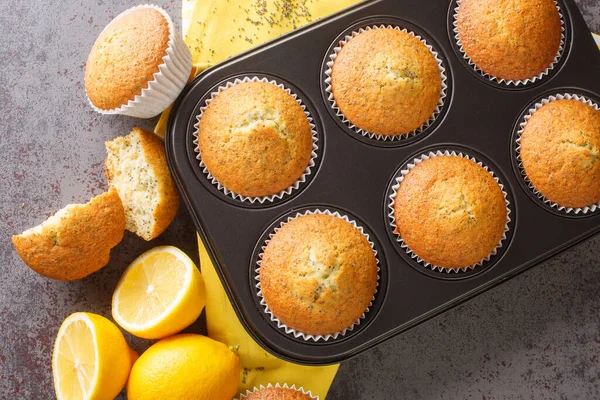 Homemade Tender Muffins Poppy Seeds Lemon Close Metal Muffin Pan — Stock Photo, Image