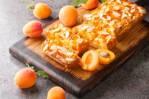 Sommerfrische Marillenkuchen Mit Mandeln Großaufnahme Auf Einem Holzbrett Auf Dem — Stockfoto