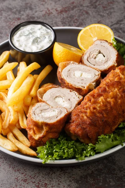 Karadjordjeva Schnitzel Pork Roll Stuffed Kaymak Breaded Fried Served French — Foto Stock