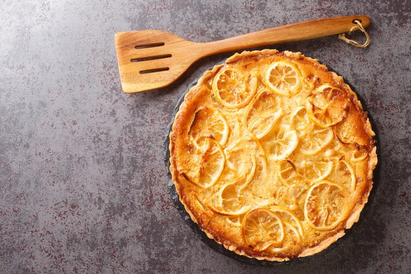 Homemade Sweet Sour Tart Lemon Curd Fruit Pieces Close Plate — Photo