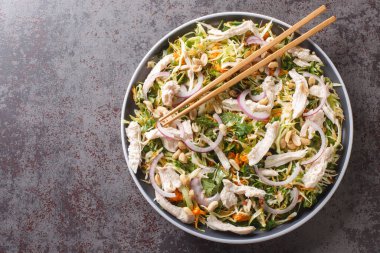 Goi Ga, masada gevrek sebzeler ve otlarla kaplı bir Vietnam usulü tavuk salatası. Yukarıdan yatay üst görünüm