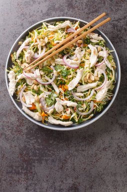 Dilimlenmiş tavuklu goi ga salatası, lahana, taze kişniş ve nane soslu balık sosu, soğan turşusu ve tabağa yakın ezilmiş fıstık. Yukarıdan dikey üst görünüm