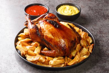 Peruvian Grilled Chicken Pollo a La Brasa with fried potato and sauces closeup in the plate on the table. Horizonta