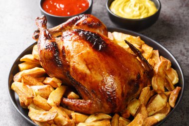 Perulu Pollo a la Brasa tavuğu kızarmış patates ve sosla birlikte masanın üstünde. yatay