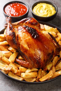 Pollo a la Brasa Peru usulü kızarmış tavuk kızarmış patates ve soslar masanın üstünde. Dikey