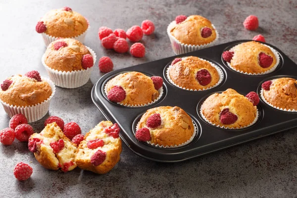 Baked Raspberry Muffins White Chocolate Fresh Berries Close Muffin Pan — Stock fotografie