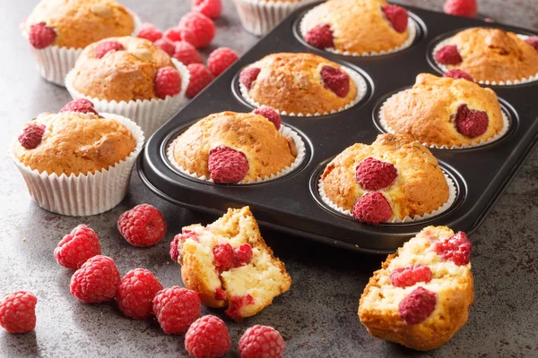 Vegan Gluten Free Raspberry Muffins Closeup Table Horizonta — Stok fotoğraf