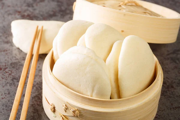 Gua Bao Bao Bread Bamboo Steamer Closeup Table Horizonta — Stock Photo, Image