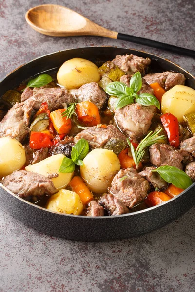 Peka Croatian Meat Vegetable Stew Close Table Vertica — Fotografia de Stock