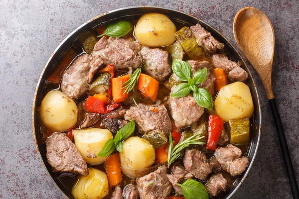 Tasty Peka Meat Vegetables Traditional Balkan Serbian Bosnian Dish Close — ストック写真
