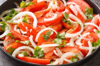 Delicious homemade tomato salad with onion and cilantro seasoned with olive oil close-up in a plate on the table. Horizonta