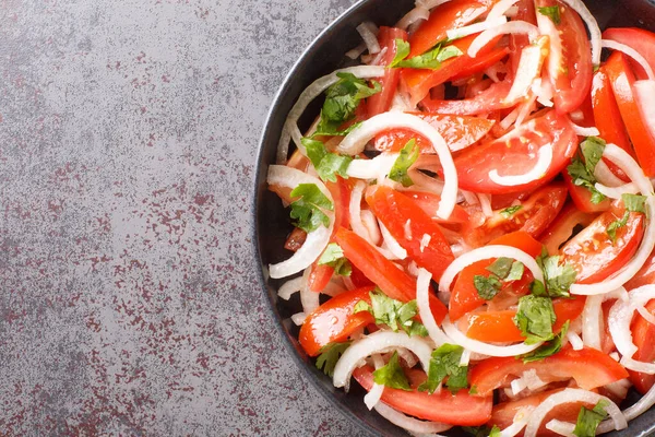 Soğanlı Kişniş Soslu Nefis Yapımı Domates Salatası Zeytinyağı Yakın Plan — Stok fotoğraf