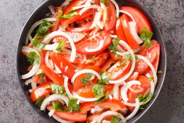 Vegetarian Healthy Tomato Salad Onion Cilantro Seasoned Olive Oil Close — Stock Photo, Image
