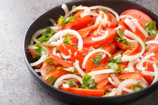 Concept Healthy Appetizer Fresh Tomatoes Onion Spices Closeup Plate Table — Φωτογραφία Αρχείου
