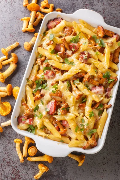 Penne Pasta Casserole Chanterelle Mushrooms Meat Cheese Close Baking Dish — Foto de Stock