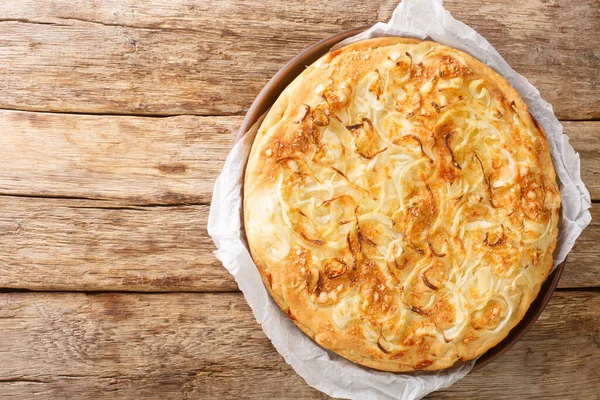 Fugazzeta Scrumptious Cheese Stuffed Pizza Topped Caramelized Onions Argentina Closeup — Fotografia de Stock