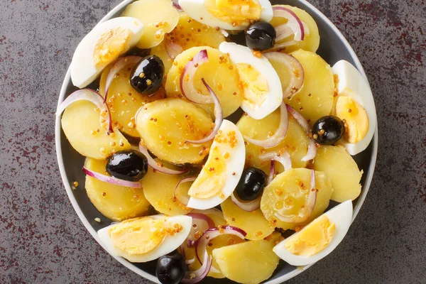 Potato Salad Boiled Eggs Onions Olives Seasoned Mustard Sauce Close — Stockfoto