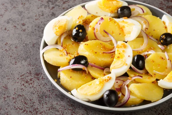 Potato Salad Boiled Eggs Onions Olives Seasoned Mustard Sauce Close — Zdjęcie stockowe