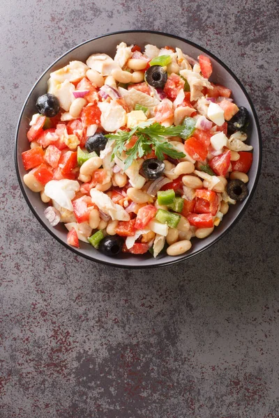 Summer Cod Salad White Beans Eggs Vegetables Close Bowl Table — Fotografia de Stock