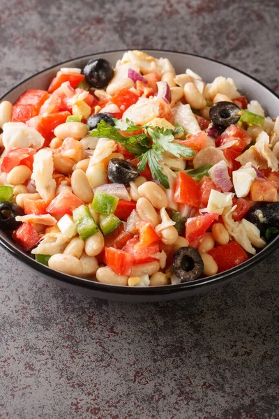 Summer Cod Salad White Beans Eggs Vegetables Close Bowl Table — 图库照片