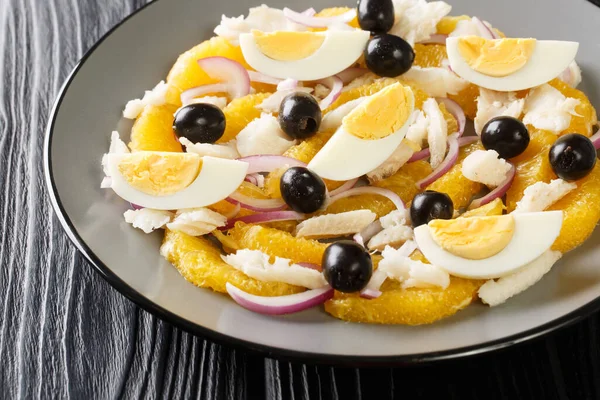 Remojon Andaluz Contains Fresh Oranges Onion Boiled Eggs Black Olives — Stockfoto