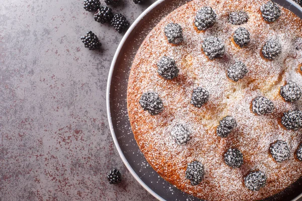 Yummy Desert Delicious Cake Made Blackberries Closeup Plate Table Horizontal — Stockfoto