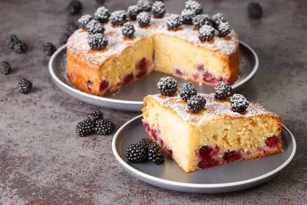 Dessert Blackberry Sponge Cake Powdered Sugar Close Plate Table Horizonta — Stockfoto