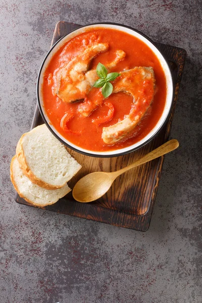 Tomato Soup River Fish Carp Vegetables Paprika Close Bowl Table — 图库照片