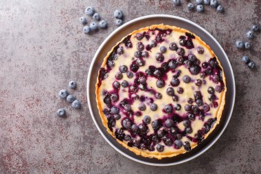 Delicious blueberry tart with custard and crispy crust close-up in a plate on the table. Horizontal top view from abov