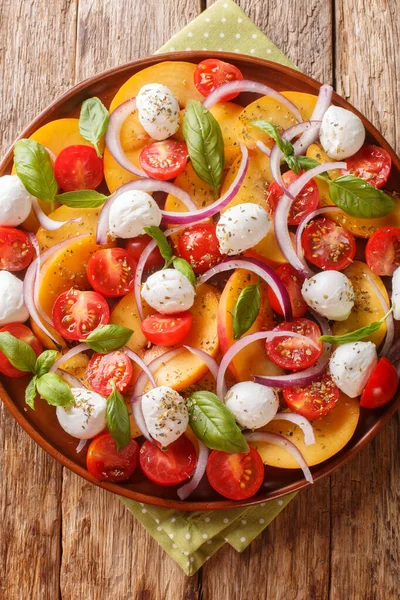 Caprese Salad Peaches Mozzarella Cherry Tomatoes Onions Basil Close Plate — Stock Photo, Image