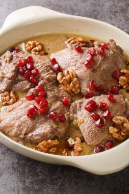 Fesenjan İran nar cevizi ve tavuk yahnisini yakın plan bir tabakta masanın üzerinde. Dikey