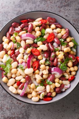 Üç fasulye salatası, nohut, soğan, kırmızı biber ve zeytinyağı sosu masanın üstünde. Yukarıdan dikey üst görünüm