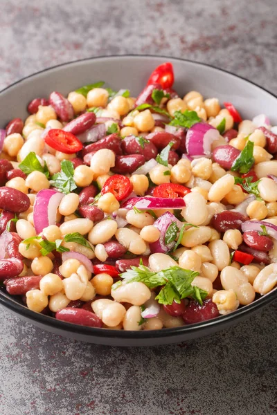 Three bean salad with chili and onion Delicious vegetarian food close-up in a plate on the table. Vertica