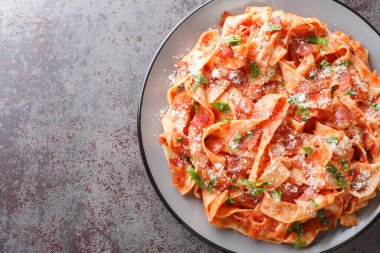 Floransa usulü İtalyan makarnası Pappardelle alla Fiesolana domates, pastırma, soğan, sarımsak ve parmesan peynirini masanın üzerine yakın plan koyun. Yukarıdan yatay üst görünüm