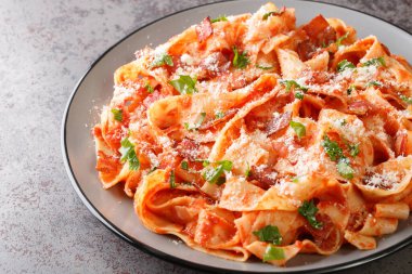 Pastırma ve domatesli pappardelle makarna üzerine parmesan peyniri serpiştirilmiş ve masaya yakın maydanoz dilimi serpiştirilmiş. Yatay