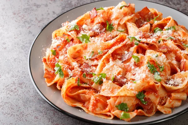 Pastırma ve domatesli pappardelle makarna üzerine parmesan peyniri serpiştirilmiş ve masaya yakın maydanoz dilimi serpiştirilmiş. Yatay