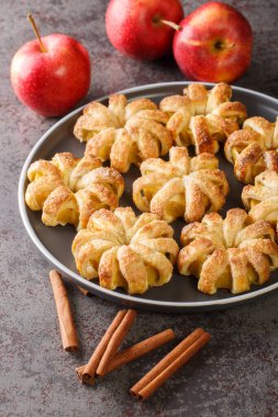 Hamur içinde pişirilmiş sonbahar elmaları masanın üzerinde yakın plan bir tabakta. Dikey