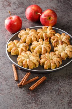 Elma halkaları puf böreğinde pişirilmiş şeker ve tarçın yakın plan bir kasede masanın üzerinde. Dikey