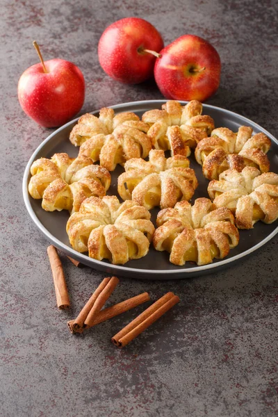 Elma halkaları puf böreğinde pişirilmiş şeker ve tarçın yakın plan bir kasede masanın üzerinde. Dikey