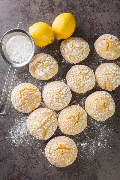 Sweet Sour Lemon Cookies Powdered Sugar Zest Close Table Vertical — Stock Photo, Image