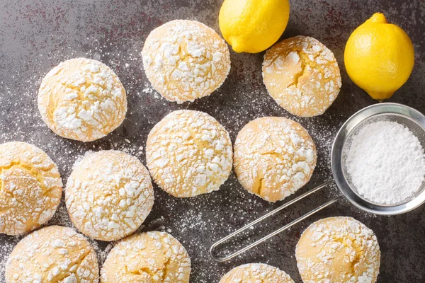 Homemade Cracked Lemon Cookies Powdered Sugar Zest Close Table Horizontal — Stock Photo, Image