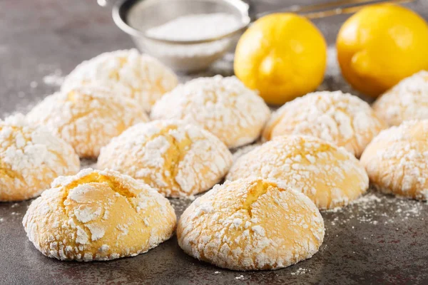 Festive Homemade Cracked Lemon Cookies Powdered Sugar Close Table Horizonta — Stock Photo, Image