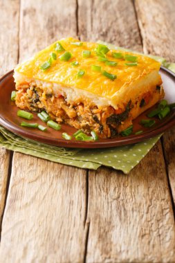 Escondidinho de Frango Brezilya usulü tavuk çoban pastası, masadaki tabakta yakın plan bir yemek harikası ya da güveçtir. Dikey