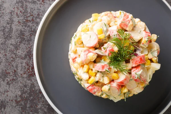Crab Salad Boiled Eggs Onion Corn Mayonnaise Dressing Close Plate — Stock Photo, Image