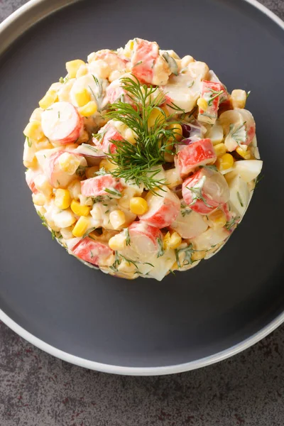 Crab Salad Vegetables Corn Red Onion Hard Boiled Eggs Dill — Stock Photo, Image