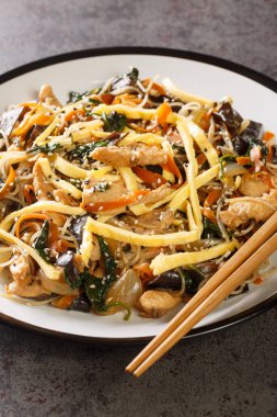 Japon cam eriştesi yumurta, sebze ve mantarla birlikte masada kızartılmış. Dikey